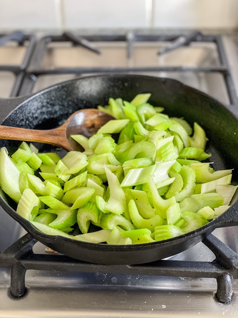 braising celery in a pot