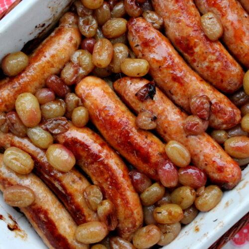 Roasted Sausages and Grapes in a pan