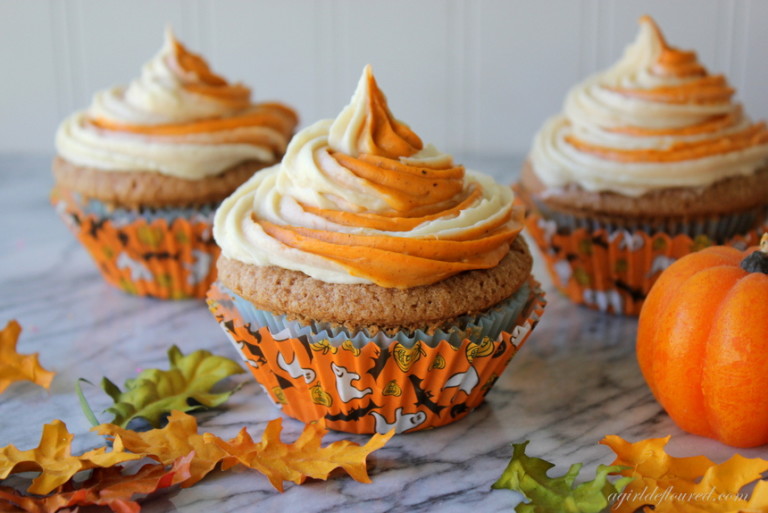 Gluten-Free Spice Cupcakes with Pumpkin Swirl Cream Cheese Frosting