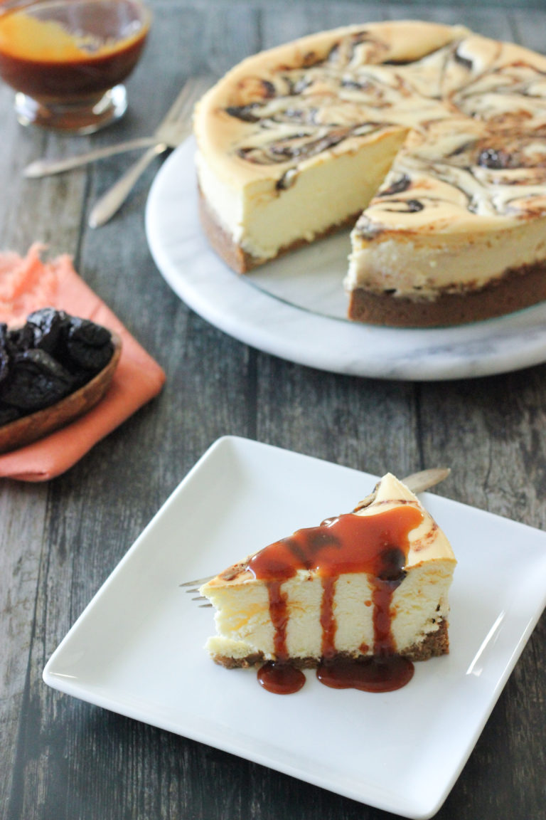 Rum Soaked Prune Cheesecake with Salted Caramel Sauce