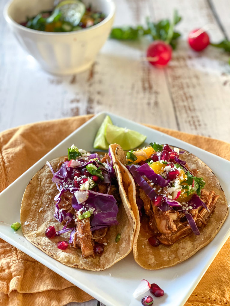 Instant Pot Chicken Mole Tacos with Pomegranate Salsa