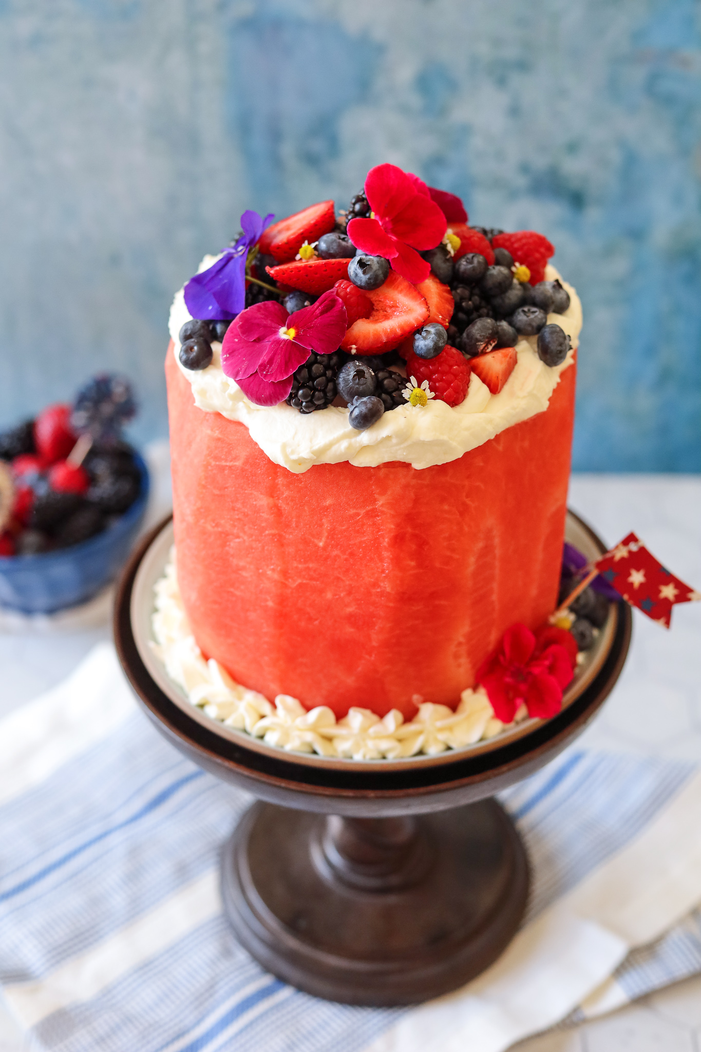 Adorable Fresh Watermelon Cake with Summer Berries on a platter