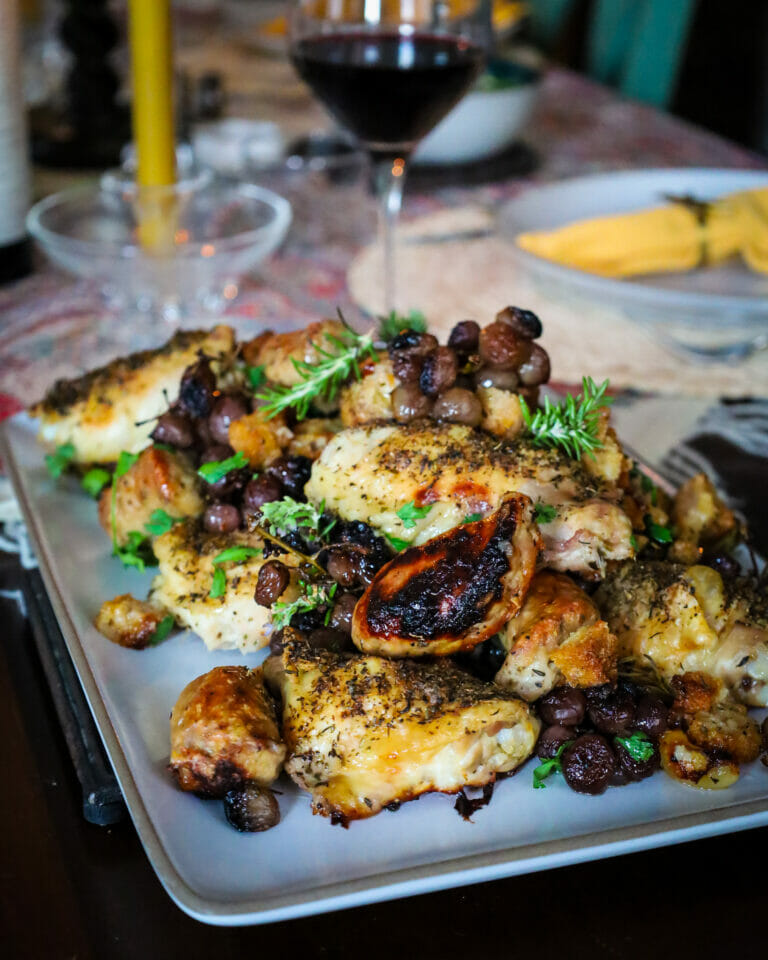 An Easy Recipe for Oven Baked Chicken Thighs with Sausages + Grapes