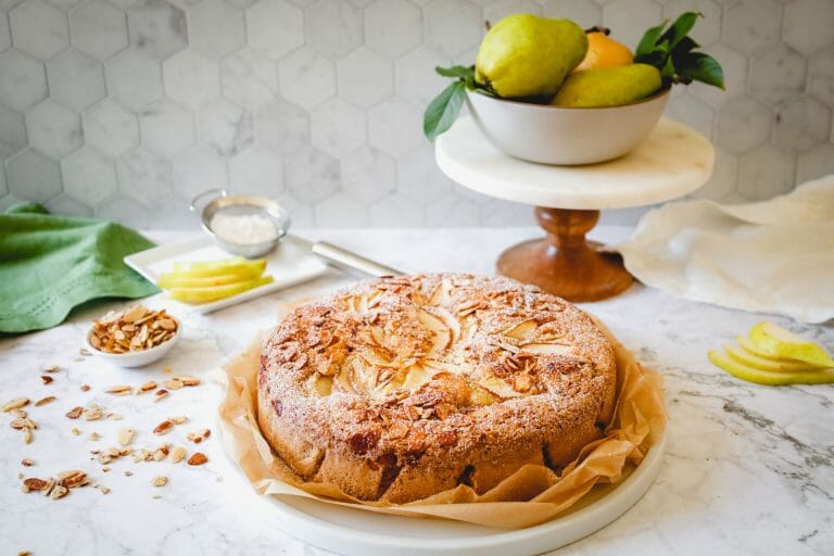 Gluten Free Olive Oil Cake Recipe with Pears and Almonds