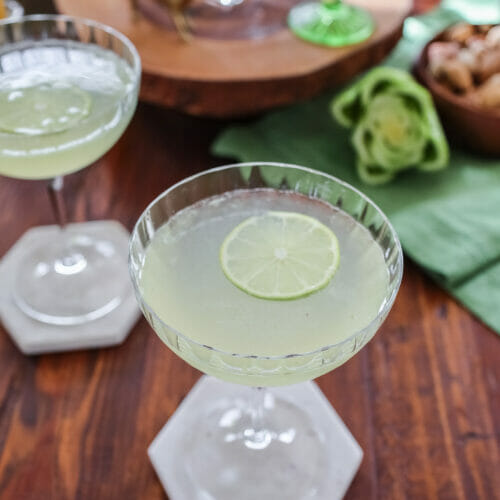 gin cocktail - gin gimlet with celery recipe garnished with lime