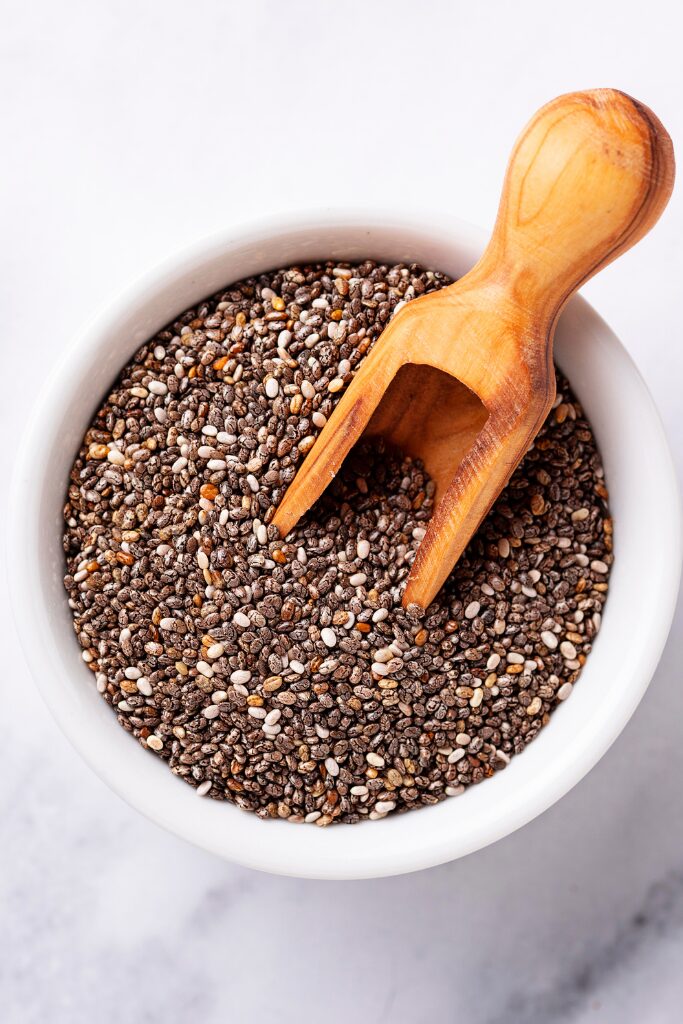 chia seeds, a gluten free binder for baking, in a small bowl