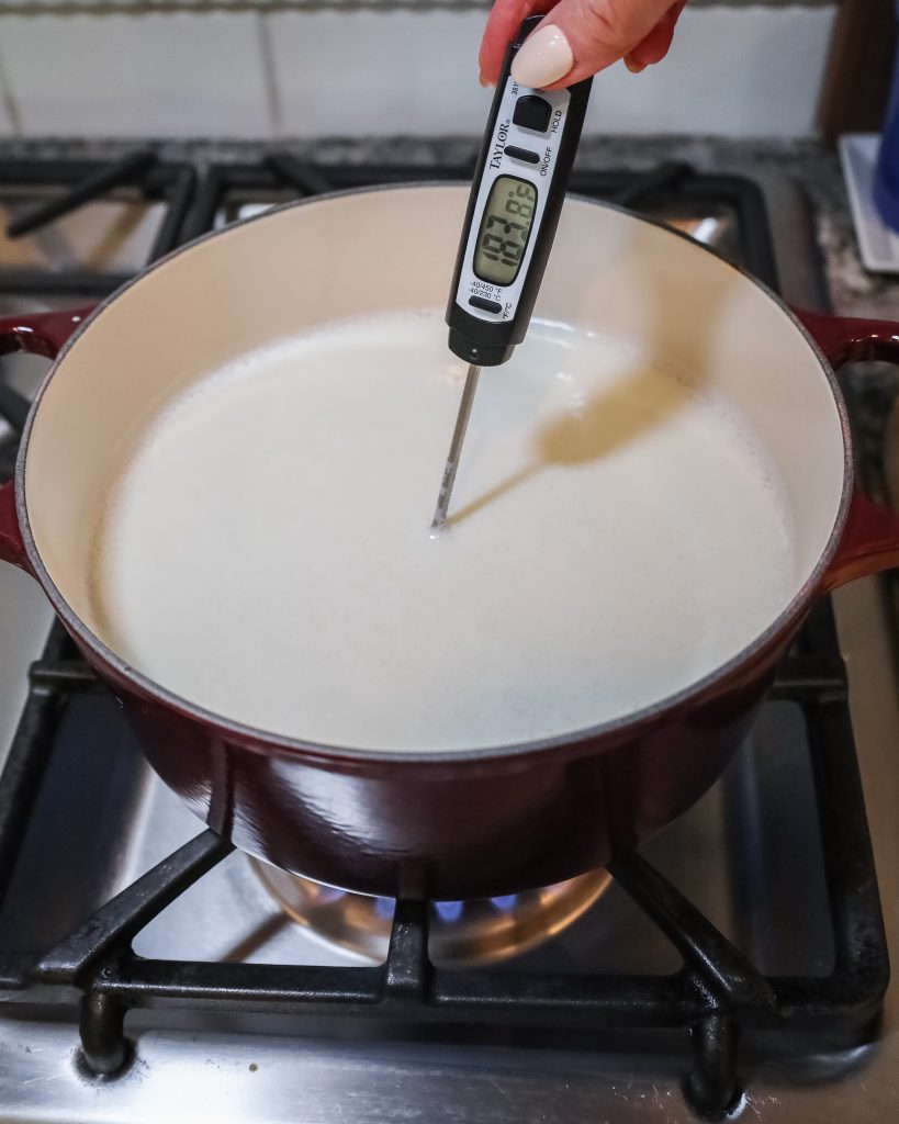 heating milk in a pot to 185 degrees