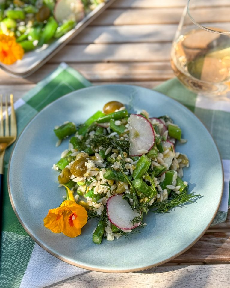 Spring Orzo Salad with Smashed Olive Dressing